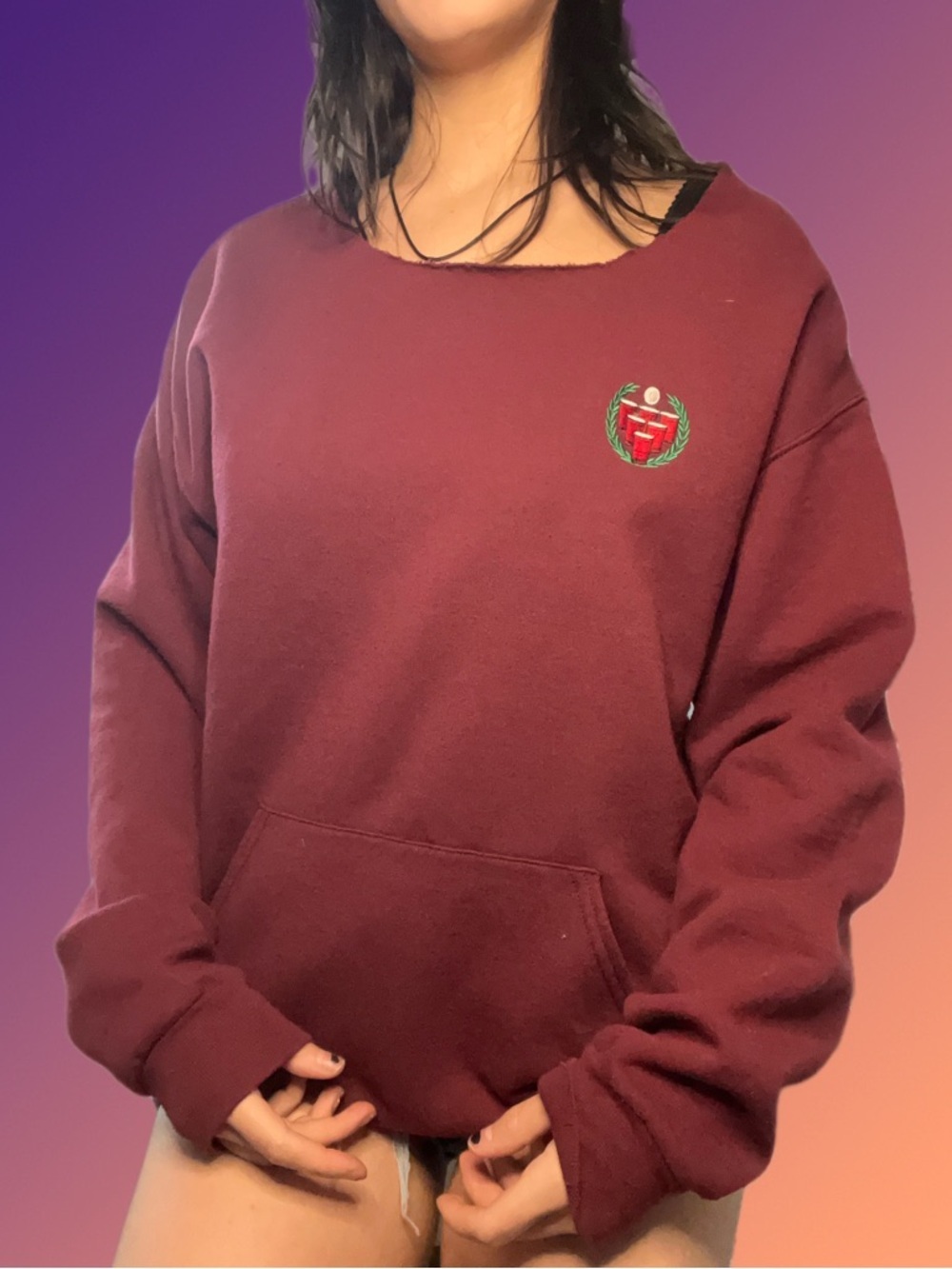 Burgundy Distressed Open Back Sweatshirt - Custom open back Back Crewneck Size L